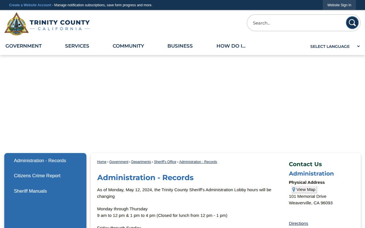 Trinity County Sheriff Administration and Records contact page