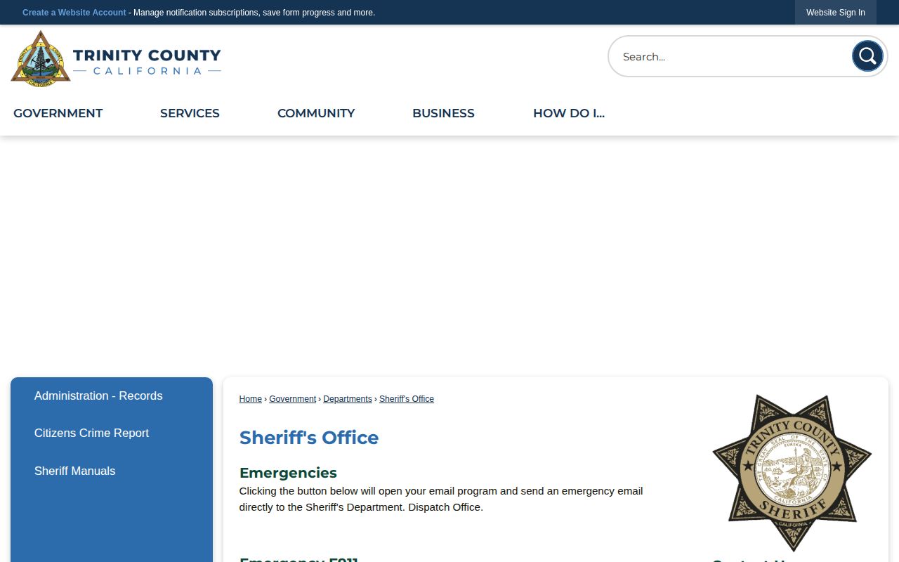 Trinity County Sheriff official page showing jail and VINE links without a public roster