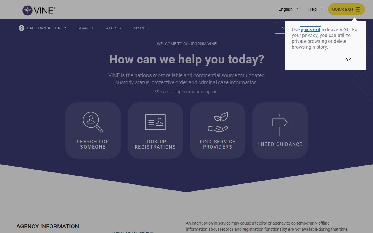 California VINE custody search starting screen